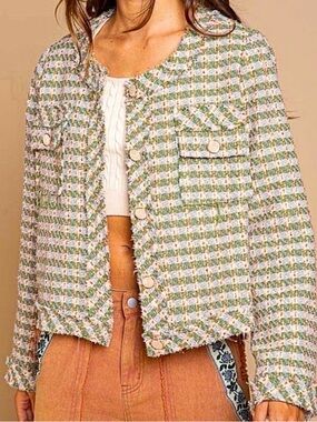 POL Tweed Fringe Cropped Jacket in Cream & Green Size Medium